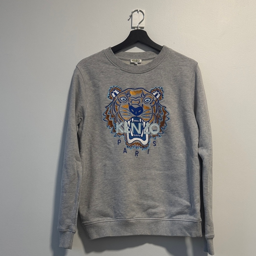 Kenzo Grey Crewneck Sweater with Embroidered Multicolor Tiger